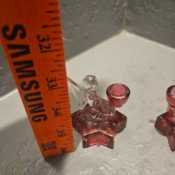 L E Smith Cranberry Glass Angel Candlestick Candle Holders Set of 2 2.5"x 2" - Picture 3 of 5